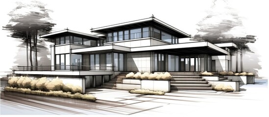 Fototapeta premium Architecture 3d rendering illustration of modern minimal house on white backgroundArchitecture 3d rendering illustration of modern minimal house on white background