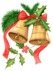 Vintage Style Christmas Bells Watercolor Painting