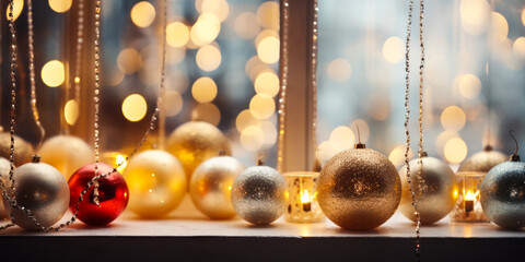 Naklejka premium Yuletide Glow: Festive Window Scene with Burning Candles and Garland