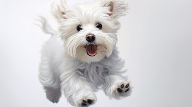 A white dog is running 