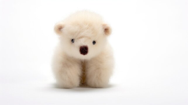 A small white teddy bear sitting on a white surface