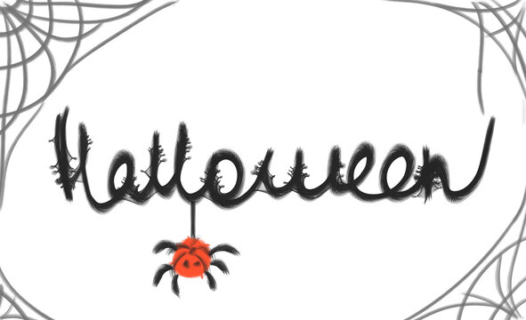 Handwritten inscription Halloween with cobwebs, spider in the shape of a pumpkin. Illustration on a Halloween theme isolated on a transparent background. Hand font. 
