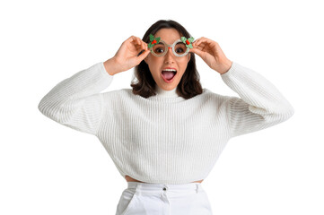 Surprised young woman in decorative eyeglasses on white background