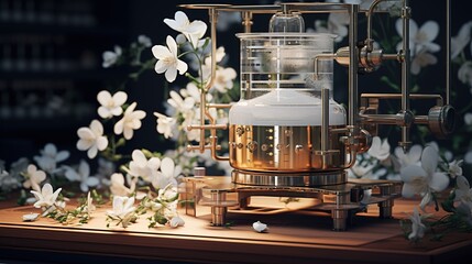 Generative AI, Essential oil extraction with distillery machine with jasmine white flowers	
 - obrazy, fototapety, plakaty