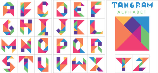 Colourful Tangram Alphabet Set, Puzzle Collection, logical kids activity, child development - obrazy, fototapety, plakaty