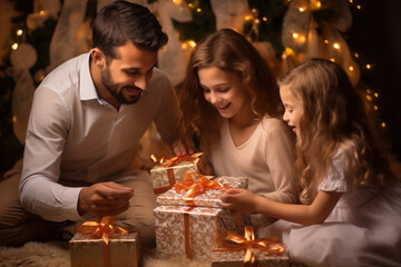 christmas scene of a family enjoying wrapping and giving presents gifts cosy traditional festive holiday season in a warm cozy xmas setting surrounded by decorations loving environment