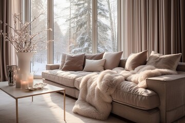 Fototapeta premium sofa in beautiful living room, beige, taupe, interior magazine photography