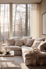 sofa in beautiful living room, beige, taupe, interior magazine photography