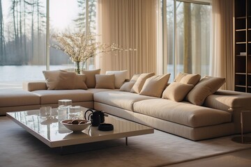 sofa in beautiful living room, beige, taupe, interior magazine photography