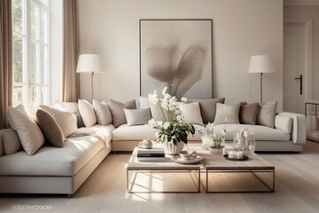 sofa in beautiful living room, beige, taupe, interior magazine photography - obrazy, fototapety, plakaty