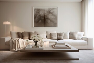Fototapeta na wymiar sofa in beautiful living room, beige, taupe, interior magazine photography