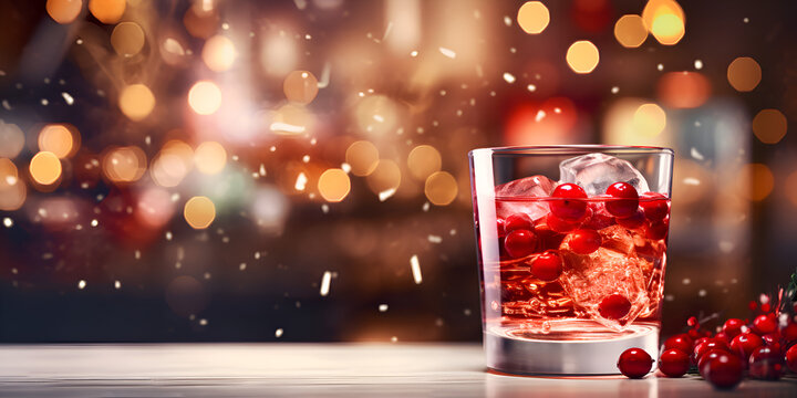 Delicious red cranberry cocktail with ice on table with blurred lights background and copy space