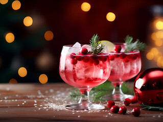 Delicious red winter cranberry cocktails with ice on table with blurred lights background  - obrazy, fototapety, plakaty