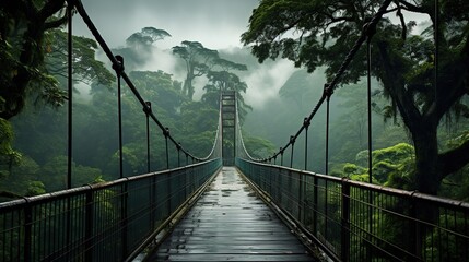 Perspective view of empty suspension bridge with green trees growing in misty and rainy forest in costa rica - obrazy, fototapety, plakaty