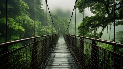 Obraz premium Perspective view of empty suspension bridge with green trees growing in misty and rainy forest in costa rica