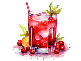 Watercolor illustration of a red cranberry cocktail in a glass isolated on white background   - obrazy, fototapety, plakaty