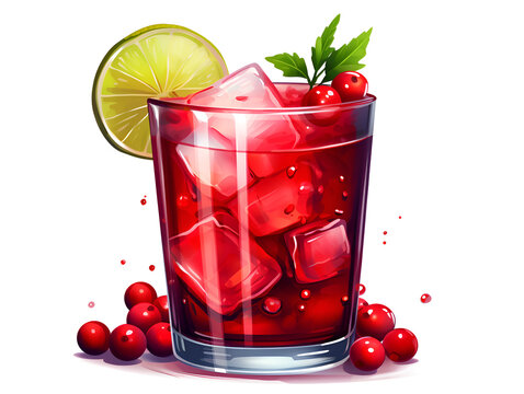 Cartoon illustration of a red cranberry cocktail in a glass isolated on white background  