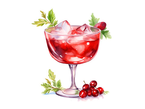 Waterlor illustration of a red cranberry cocktail in a glass isolated on white background  