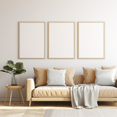 3 Frame Mockup,living room interior design, stylish and elegant, smart object, for wall art, 3d render