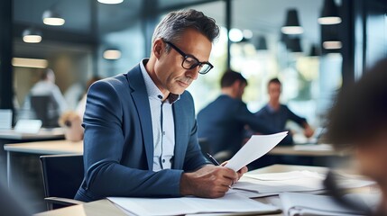 Busy Latin business man investor checking bank document at office team meeting. Consultancy advisory services concept. generative AI