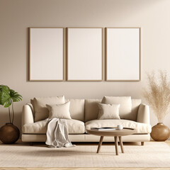 3 Frame Mockup,living room interior design, stylish and elegant, smart object, for wall art, 3d render