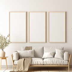 3 Frame Mockup,living room interior design, stylish and elegant, smart object, for wall art, 3d render
