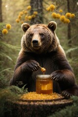 a bear in the forest eating honey in a honeycomb