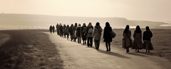 Group of unrecognizable people in warm clothes walking on a country road, view from behind - documentary sepia toned photo. Generative AI