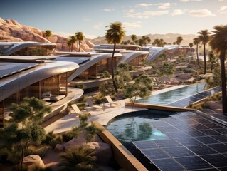A sleek and sustainable desert oasis resort with a focus on renewable energy. - obrazy, fototapety, plakaty