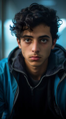 Obraz premium Portrait of a very handsome young Palestinian boy with a sad face looking at the camera. Young Palestinian man with a sad look in a hospital environment.