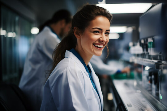 female scientist working in laboratory  and wearing a doctors coat.