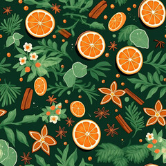 Seamless christmas background, repeating pattern with gingerbread, oranges and pine twigs.