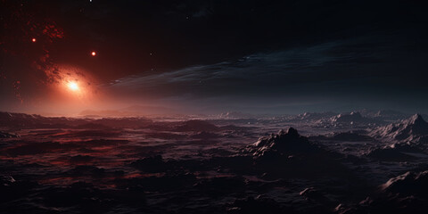 Space Art: Alien Planet - A Fantasy Landscape with red skies and clouds