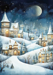 Winter Christmas illustration with old town, Magical Holiday Charm, Snowy street, horizontal banner, New Year or Christmas Card