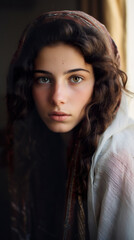 Portrait of a very pretty Palestinian woman with a sad face looking at the camera. Young Palestinian woman with a sad look in a hospital environment.