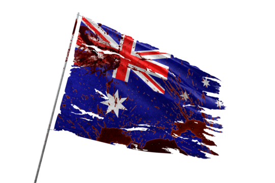 Australia torn flag on transparent background with blood stains.
