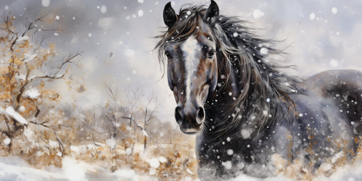 A horse is running through a snowy winter landscape. Watercolor illustration.