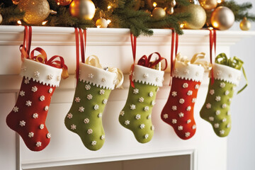 Stockings filled with gifts hanging near the fireplace decorated with balls and branches of Christmas tree. Three Kings Day, Epiphany day.