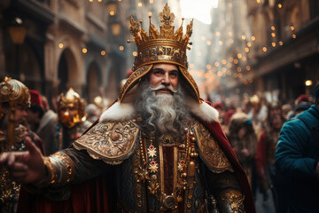 One of the Three Kings in costume and crown walking down decorated street during carnival parade surrounded by crowd of people. Epiphany day