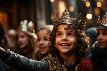 Happy boy in crown with another smiling children gather in the streets to join the procession of the Three Kings. Epiphany day
