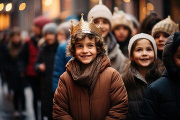 Smiling boy in crown among large group of people with children on the street waiting for the Three Kings to appear in the parade. Three Kings Day, Epiphany day. - obrazy, fototapety, plakaty