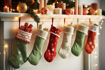Stockings filled with gifts of various shapes and sizes hanging near the fireplace decorated with balls, candles and garland. Three Kings Day, Epiphany day, Christmas. - obrazy, fototapety, plakaty