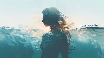 Double exposure illustration, woman silhouette with water and beach.