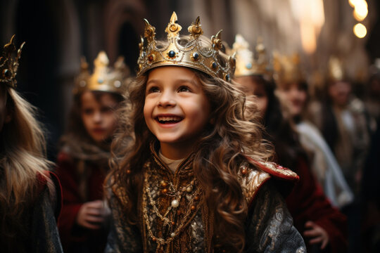 Happy girl in crown and costume with another children smiling while taking part the procession of the Three Kings. Epiphany day
