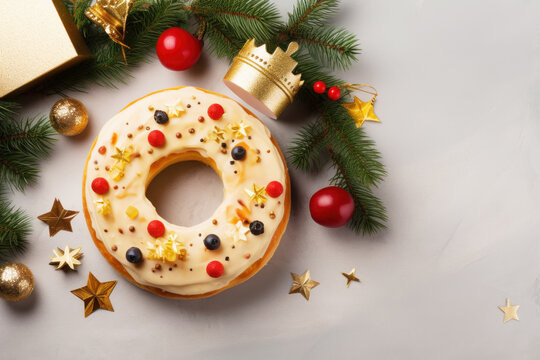 Flat lay with Roscon de Reyes decorated with berries and candies, tiny crown and Christmas tree branch on white background. Typically enjoyed Three Kings Day, Epiphany day