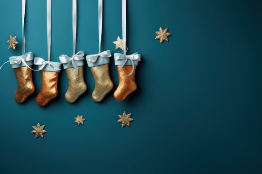 Flat lay with gold stockings and stars placed on dark blue background with copy space. Three Kings Day, Epiphany day, Christmas.