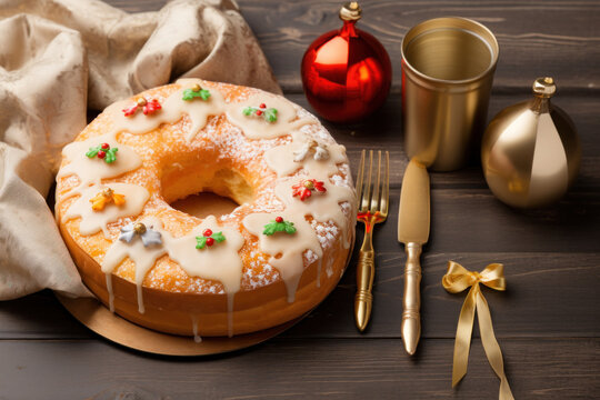 Roscon de Reyes decorated with candies on dark wood background. Typically enjoyed Three Kings Day, Epiphany day