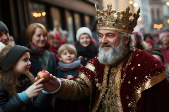 One of the Kings in crown and costume handing out candies to children at the Three Kings carnival parade