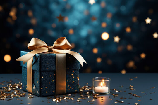 Gift box with glowing candle near on table decorated with gold stars against dark blue background with blurred bokeh. Three Kings day celebration.