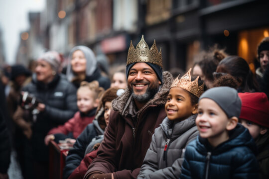 Large group of smiling people with children on the street waiting for the Three Kings to appear in the parade. Three Kings Day, Epiphany day.